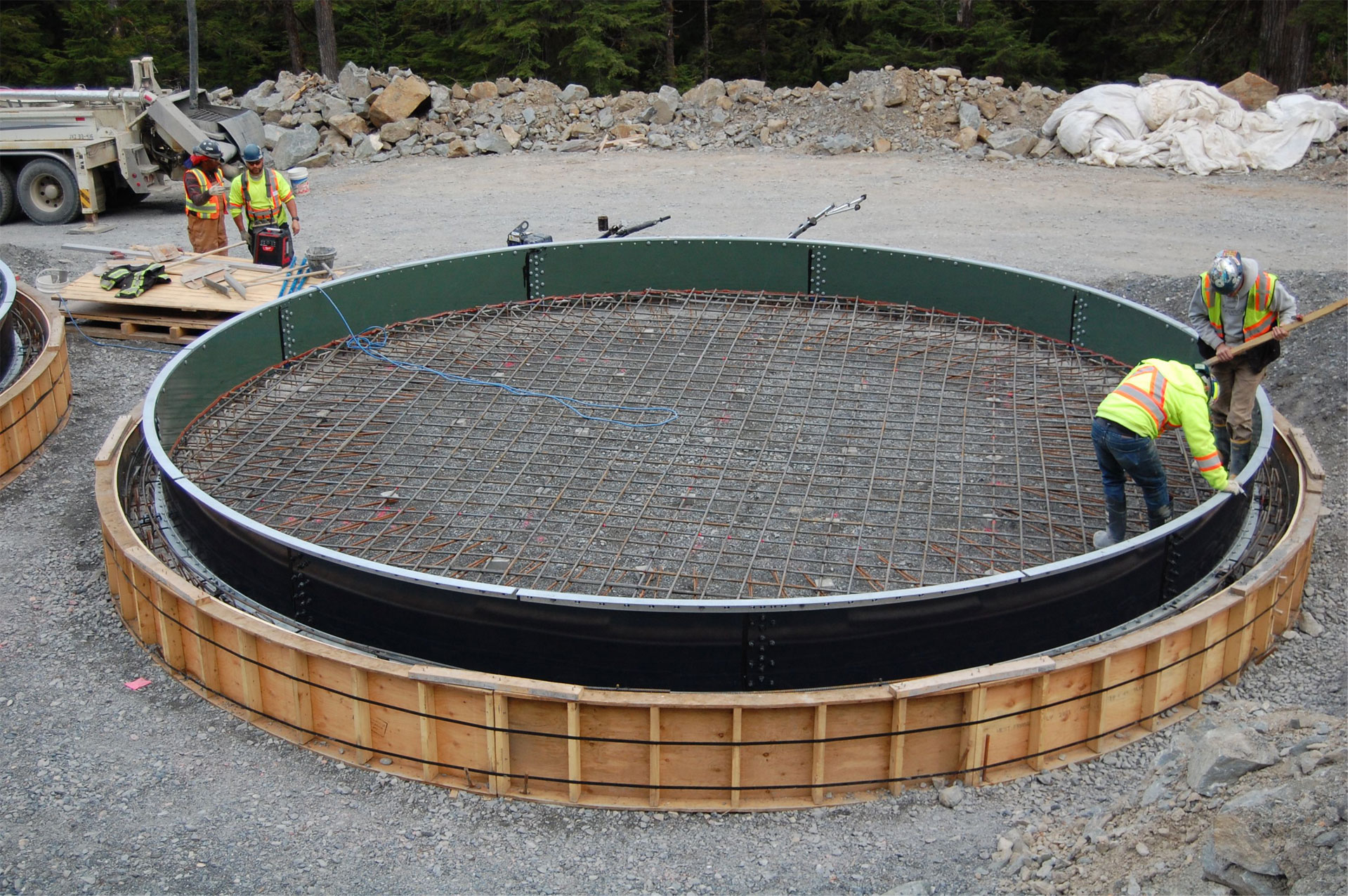 Rebar placed in circular form prepared for concrete pouring